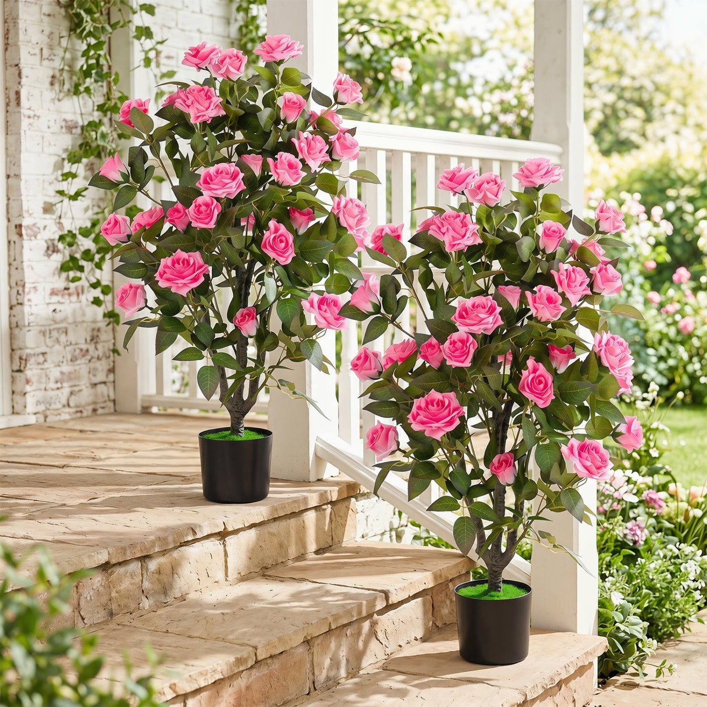Artificial Rose Tree with Blooming Flowers - Set of 2