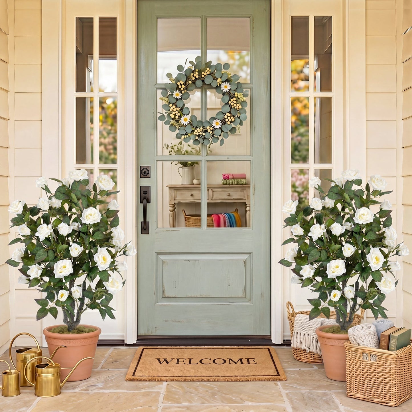 Artificial Rose Tree with Blooming Flowers - Set of 2