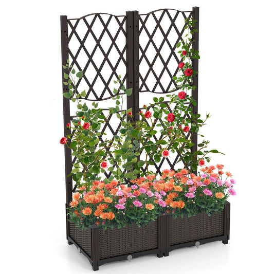 Set of 2 PE Rattan Raised Garden Bed with Trellis Planter Box for Climbing Plants-Rustic Brown