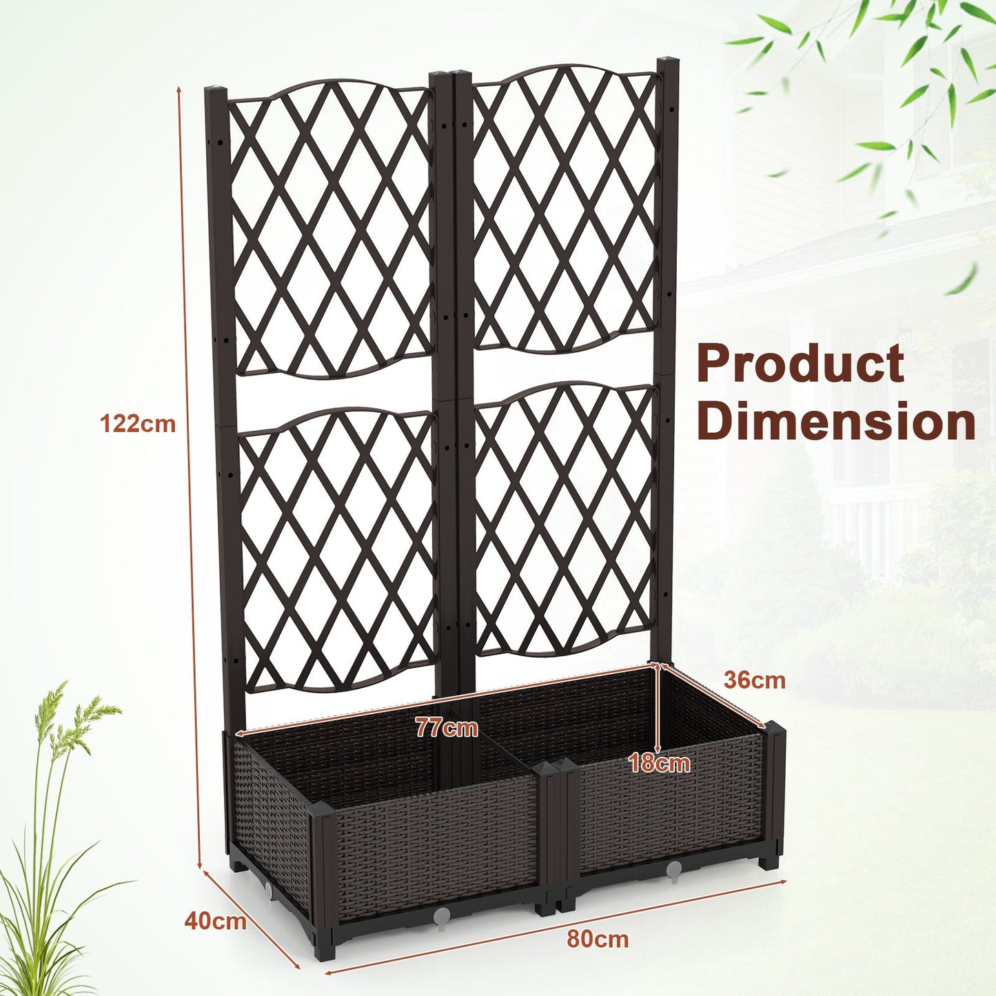 Set of 2 PE Rattan Raised Garden Bed with Trellis Planter Box for Climbing Plants-Rustic Brown