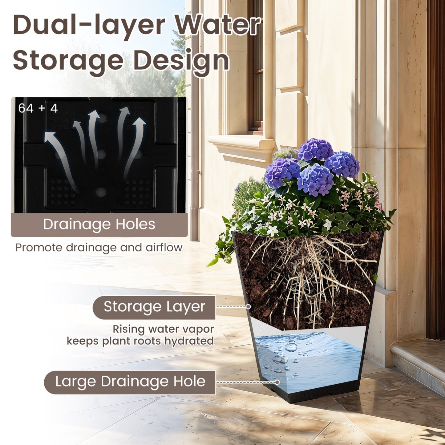 Square Taper Planter with Self-Watering System - Set of 2