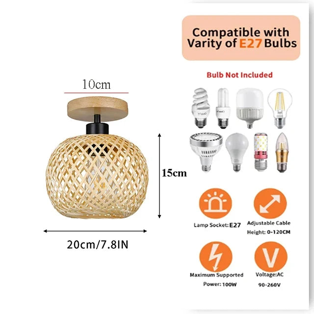 Retro Bamboo Pendant Lamp Woven Chandelier Hanging Lamp Handmade Rattan Pendant Light Fixture Restaurant Dining Room Indoor Ligh