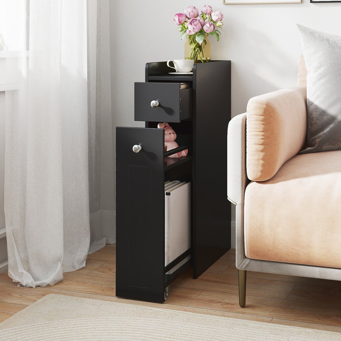 Small Bathroom Storage Cabinet 4-Tier with Slide Out Drawers on Casters