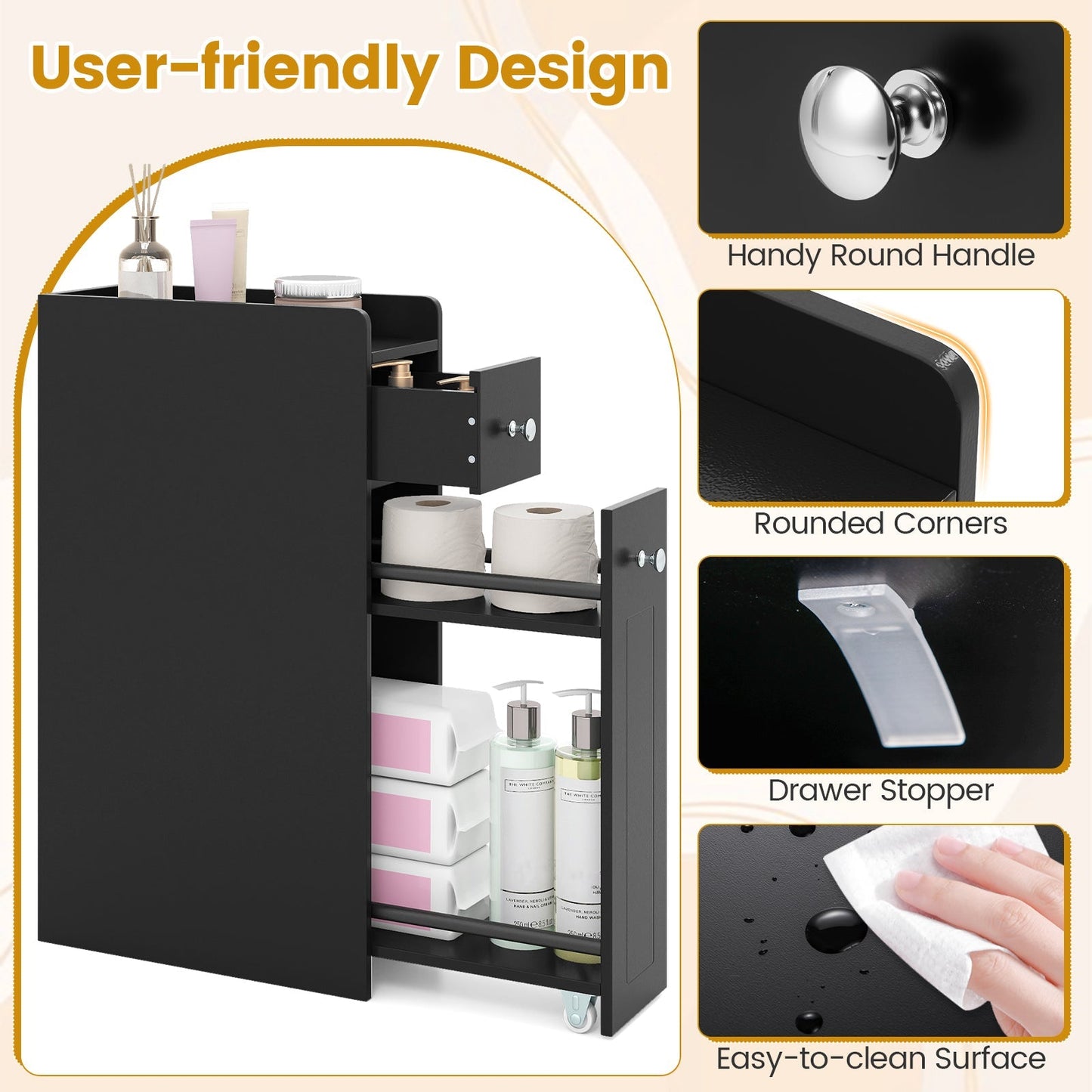 Small Bathroom Storage Cabinet 4-Tier with Slide Out Drawers on Casters