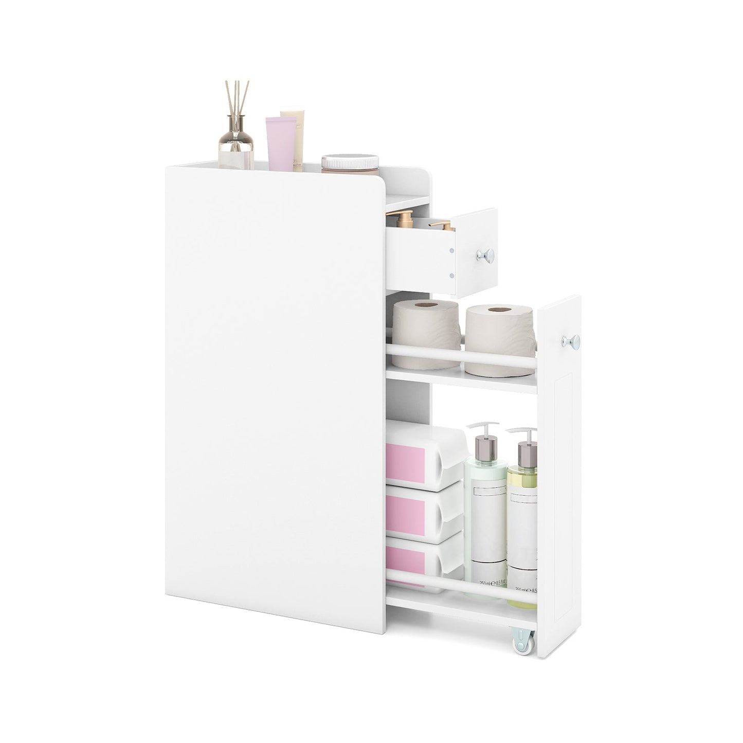 Small Bathroom Storage Cabinet 4-Tier with Slide Out Drawers on Casters