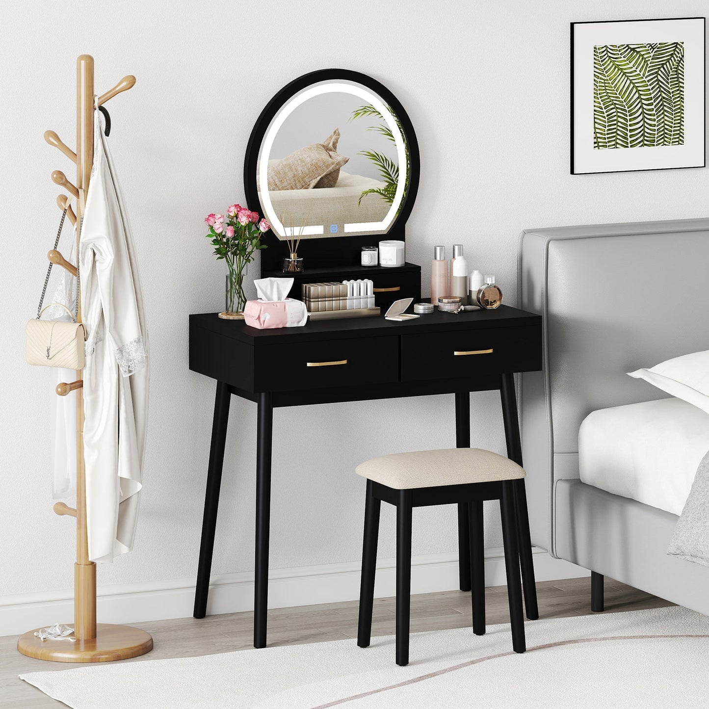 Small Vanity Makeup Dressing Table Set with Cushioned Stool and LED Lighted Mirror