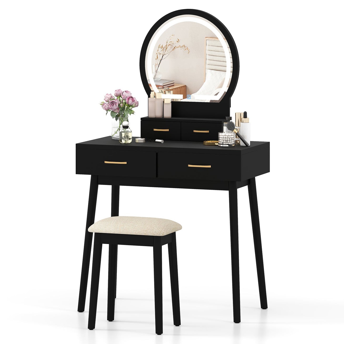Small Vanity Makeup Dressing Table Set with Cushioned Stool and LED Lighted Mirror