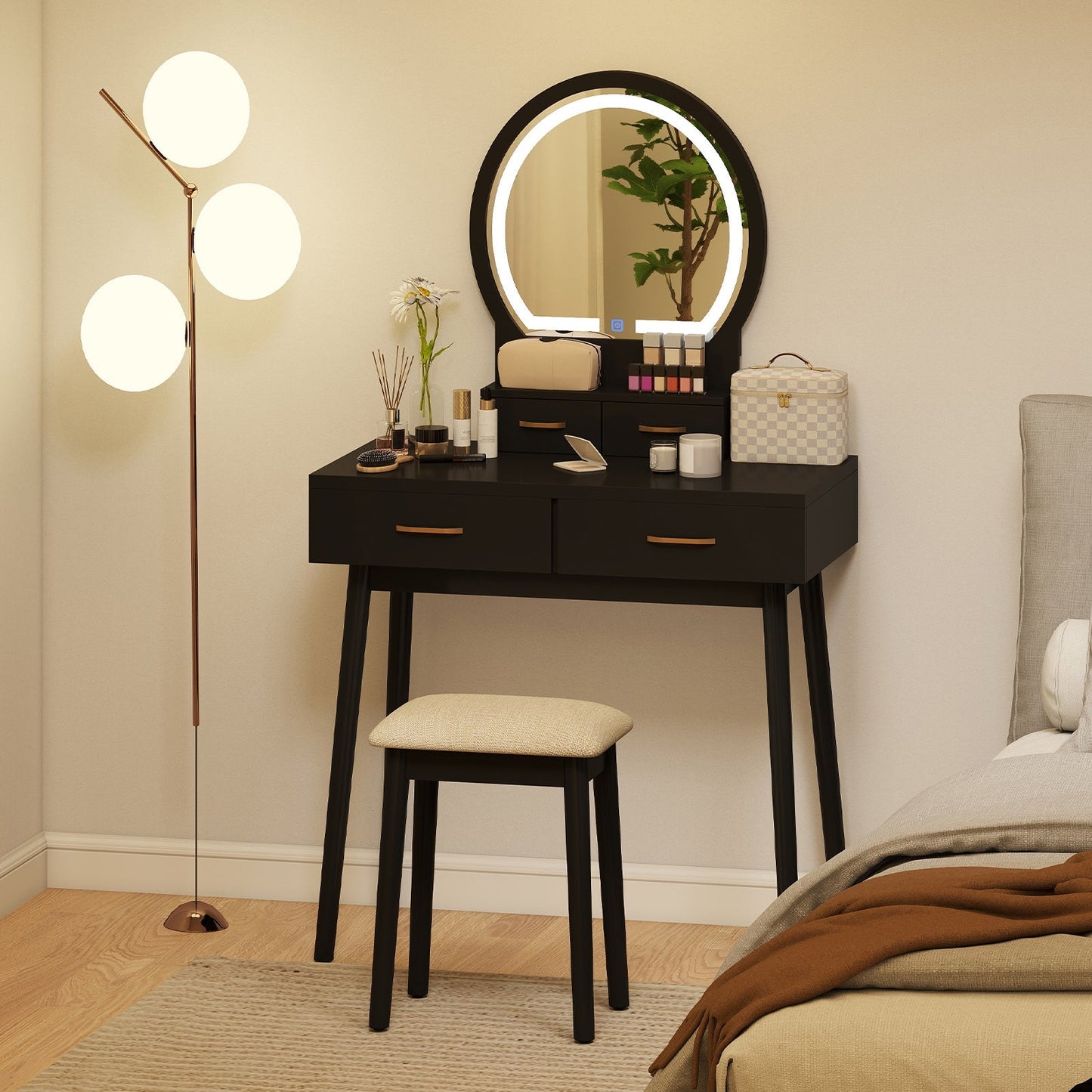 Small Vanity Makeup Dressing Table Set with Cushioned Stool and LED Lighted Mirror
