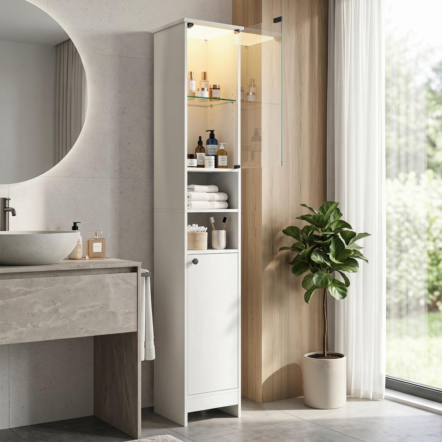 Tall Bathroom Storage Cabinet with LED Lights and Adjustable Shelves