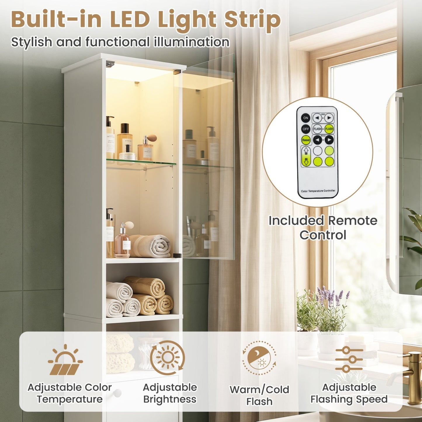 Tall Bathroom Storage Cabinet with LED Lights and Adjustable Shelves