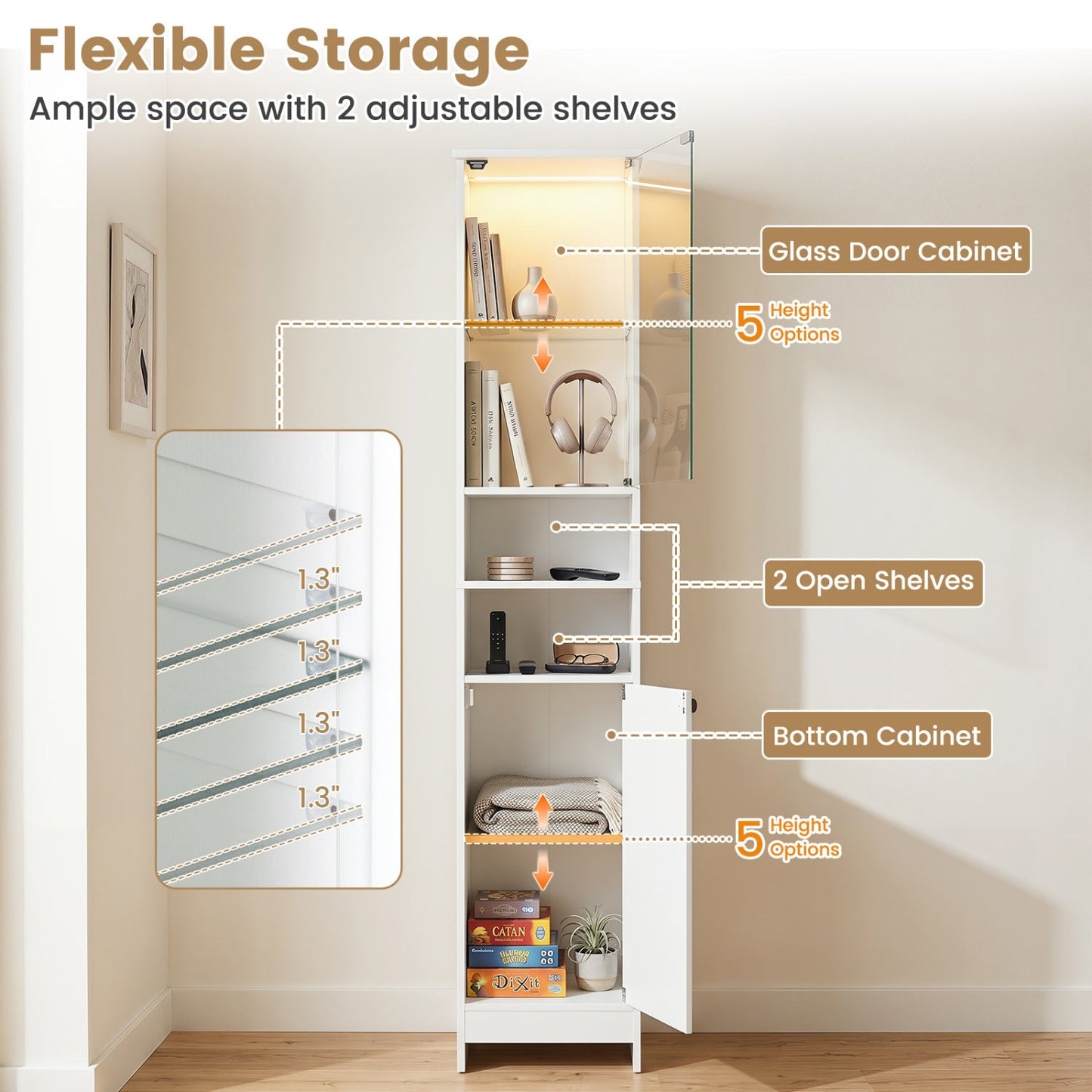 Tall Bathroom Storage Cabinet with LED Lights and Adjustable Shelves