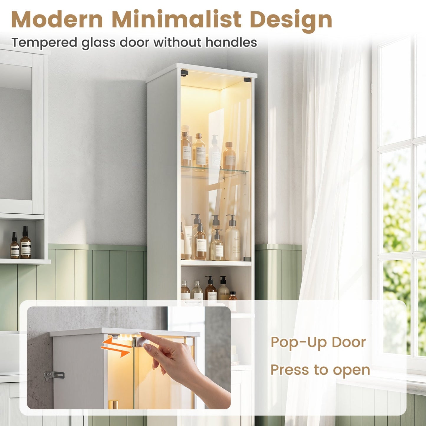 Tall Bathroom Storage Cabinet with LED Lights and Adjustable Shelves