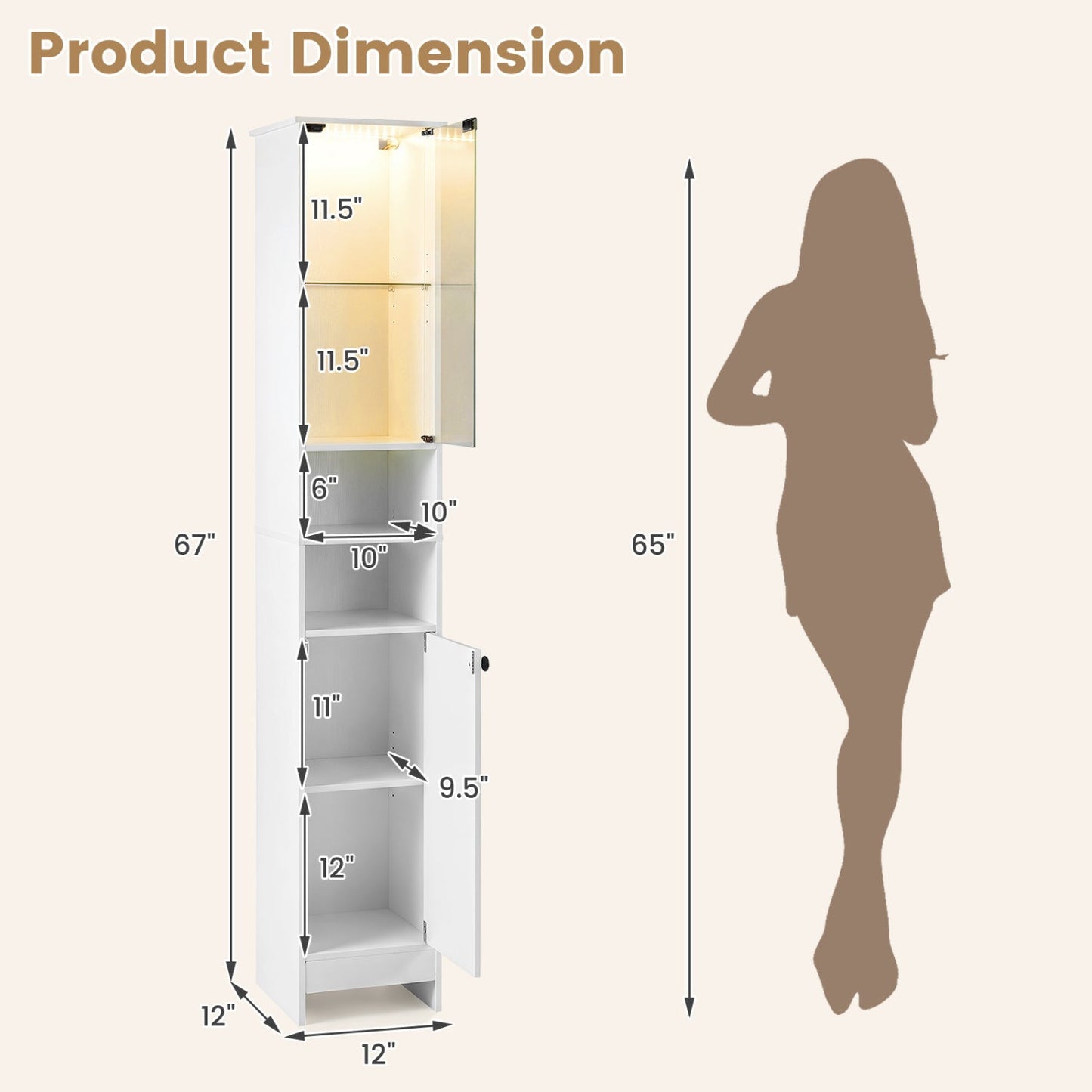 Tall Bathroom Storage Cabinet with LED Lights and Adjustable Shelves