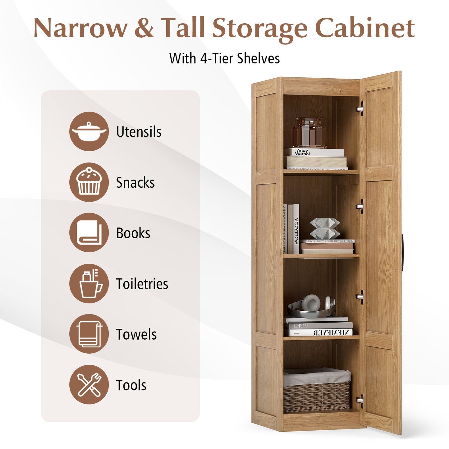 Tall Storage Cabinet with 4 Storage Shelves for Bathroom Living Room