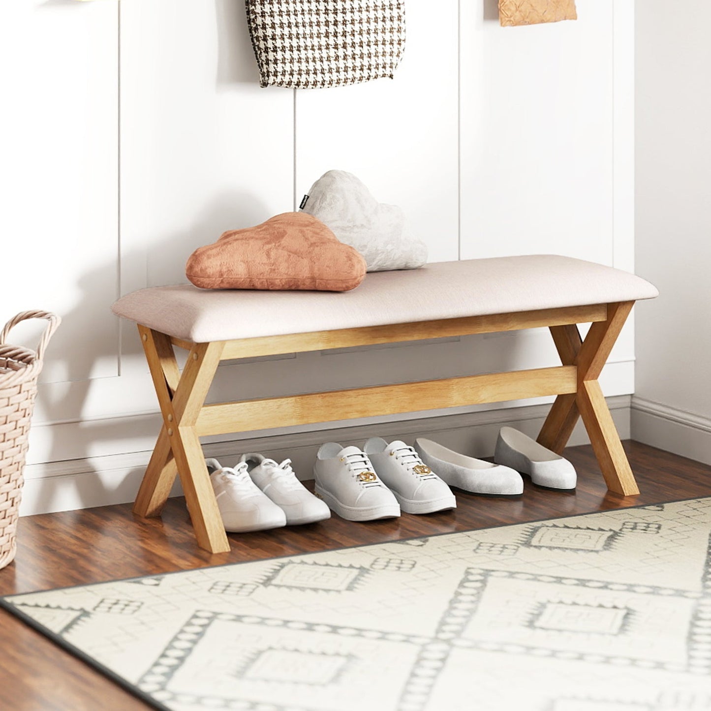 Upholstered Entryway Bench Rubber Wood Bench with Thick Padded Seat-Natural