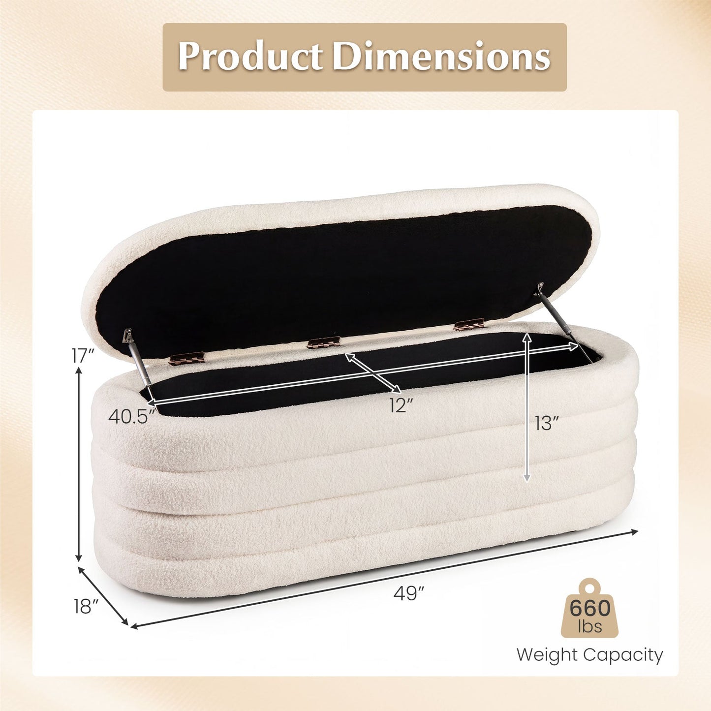 Upholstered Fabric Storage Ottoman Bench for End of Bed with 2 Struts-White