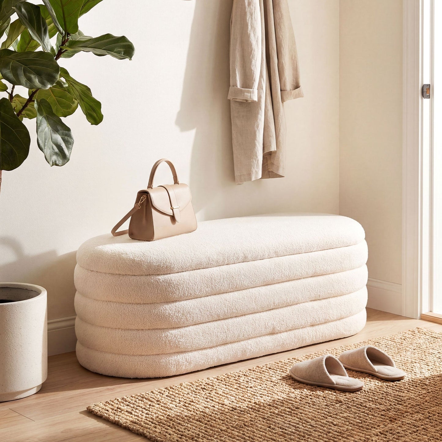 Upholstered Fabric Storage Ottoman Bench for End of Bed with 2 Struts-White
