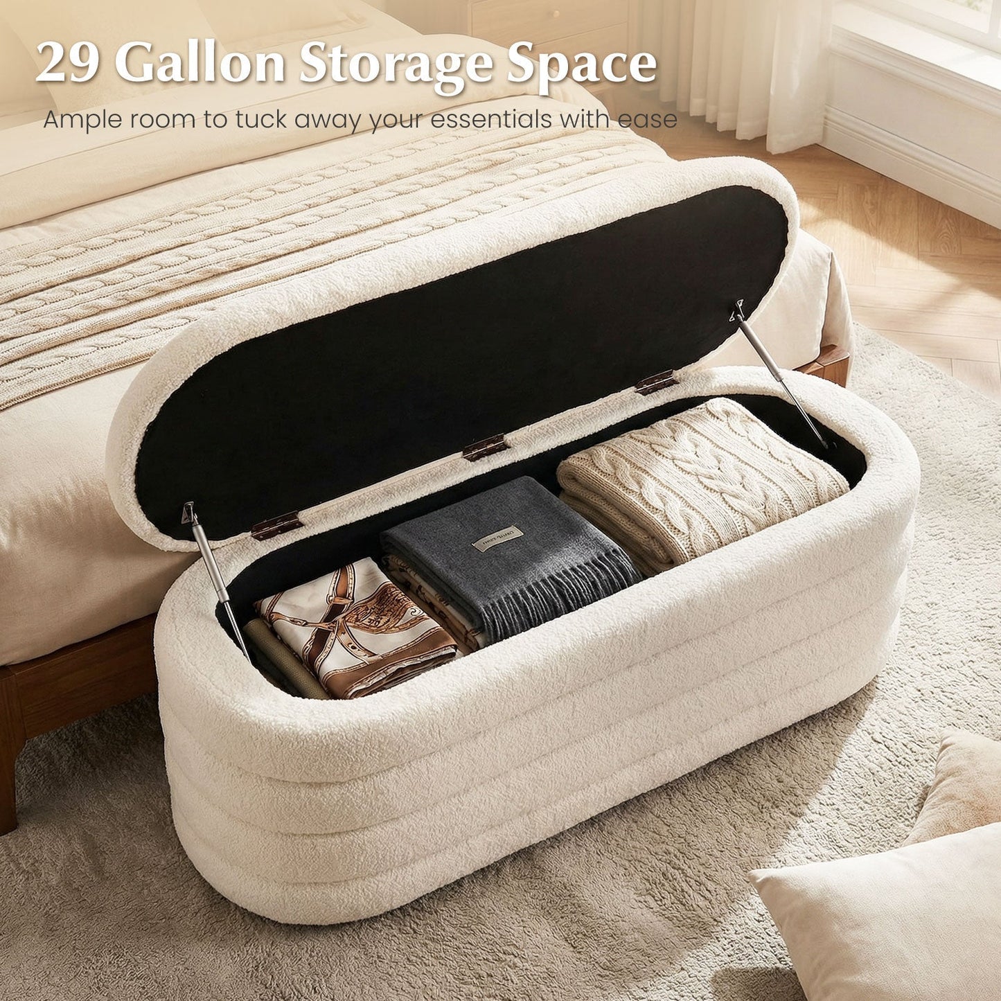 Upholstered Fabric Storage Ottoman Bench for End of Bed with 2 Struts-White