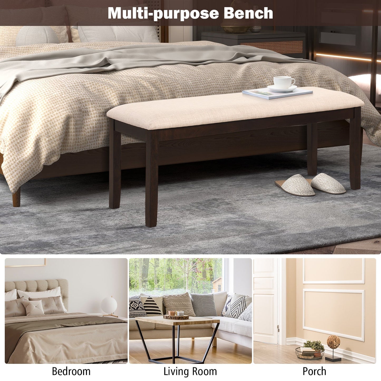 Upholstered Ottoman Bench with Padded Cushion-Beige