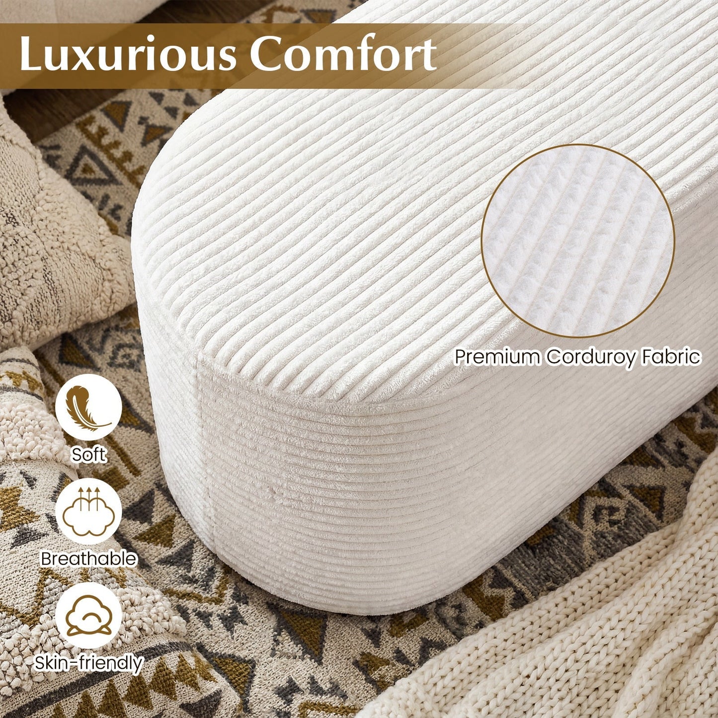 Upholstered Ottoman Bench with High-Density Sponge-Beige