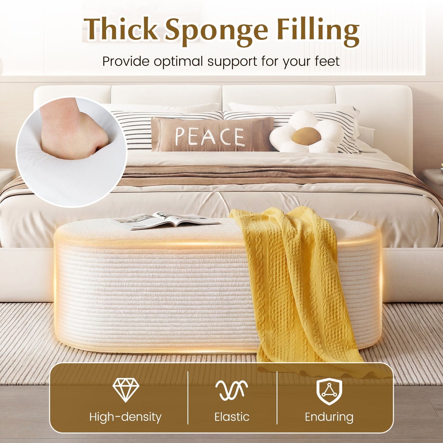 Upholstered Ottoman Bench with High-Density Sponge-Beige