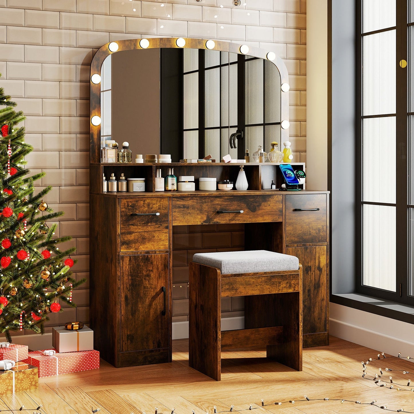 Vanity Desk Makeup Table with Stool 3-Color Lights and Charging Station