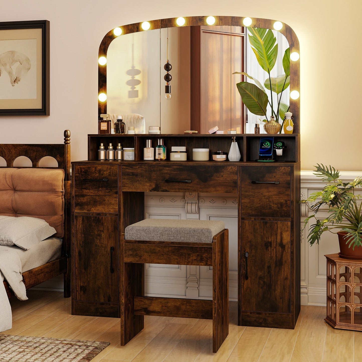 Vanity Desk Makeup Table with Stool 3-Color Lights and Charging Station