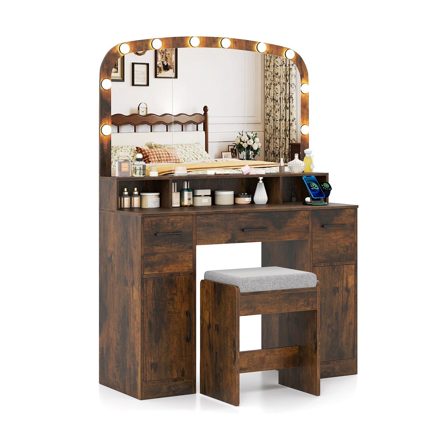 Vanity Desk Makeup Table with Stool 3-Color Lights and Charging Station