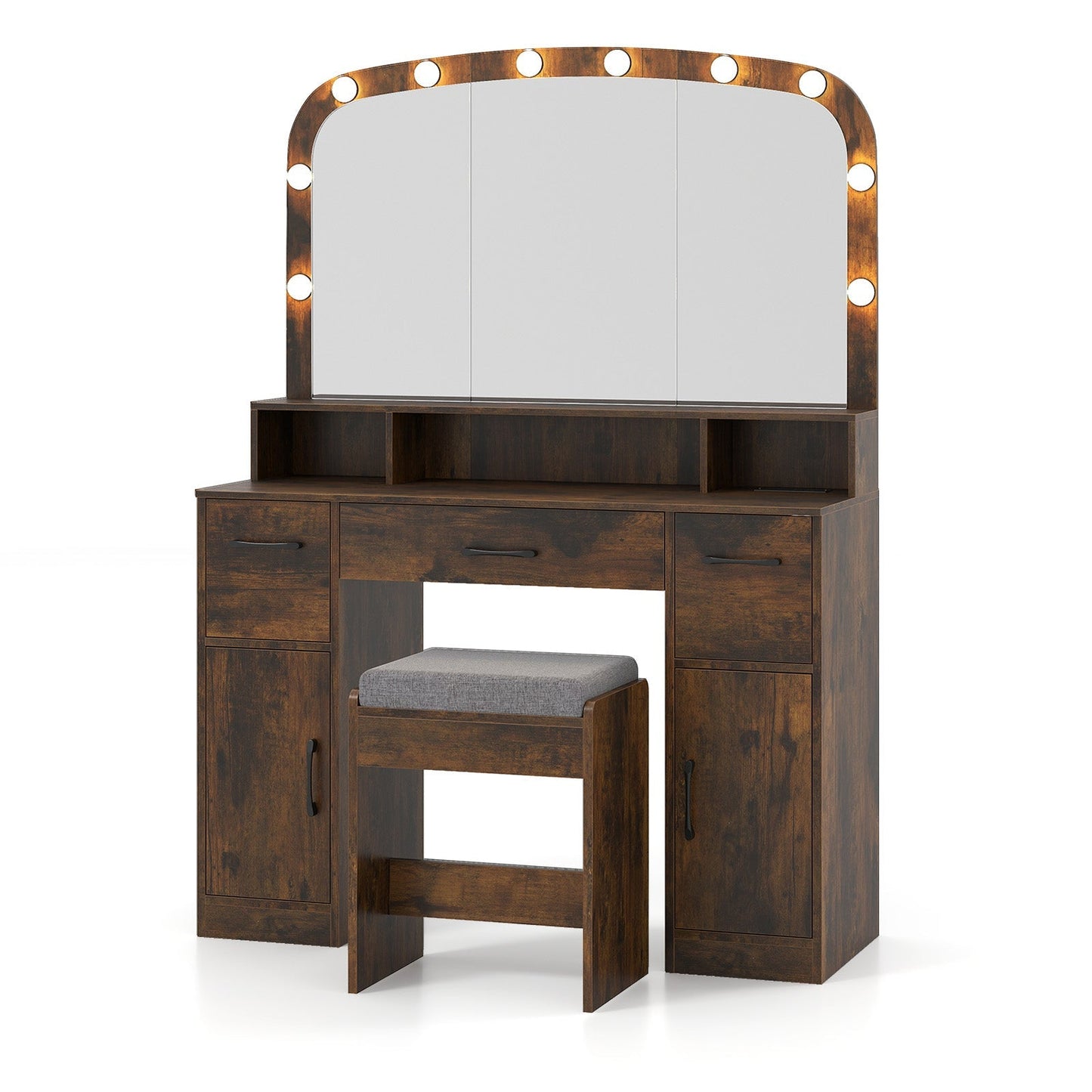 Vanity Desk Makeup Table with Stool 3-Color Lights and Charging Station