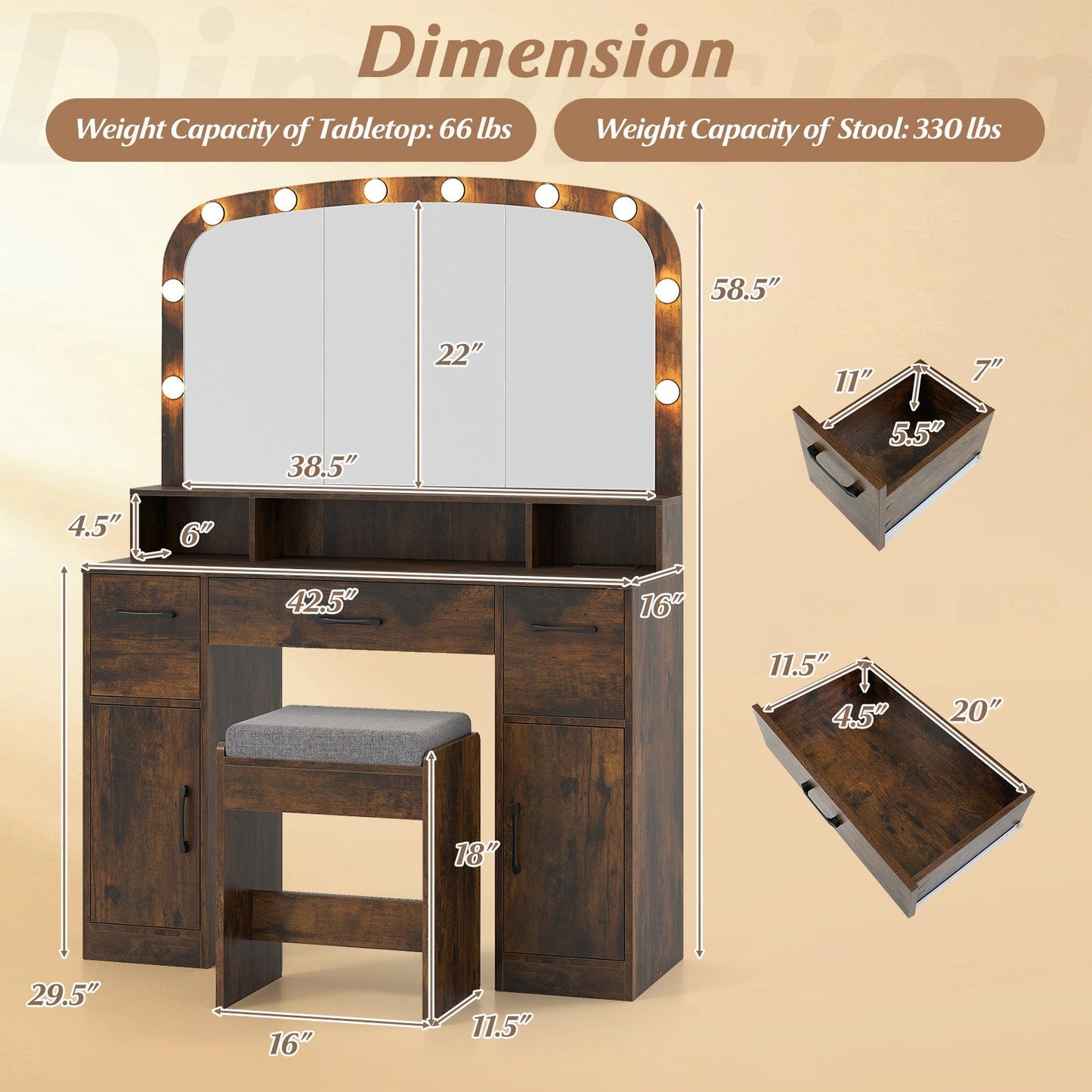 Vanity Desk Makeup Table with Stool 3-Color Lights and Charging Station
