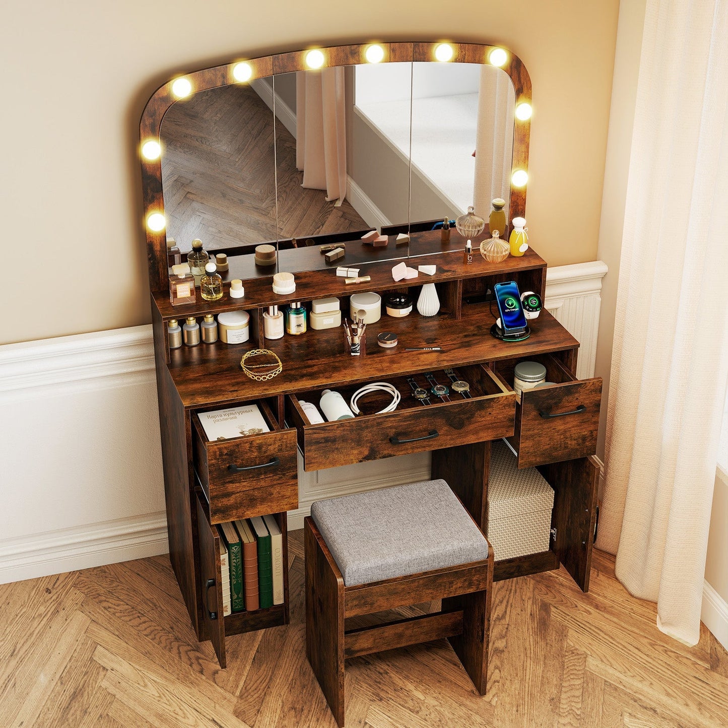 Vanity Desk Makeup Table with Stool 3-Color Lights and Charging Station