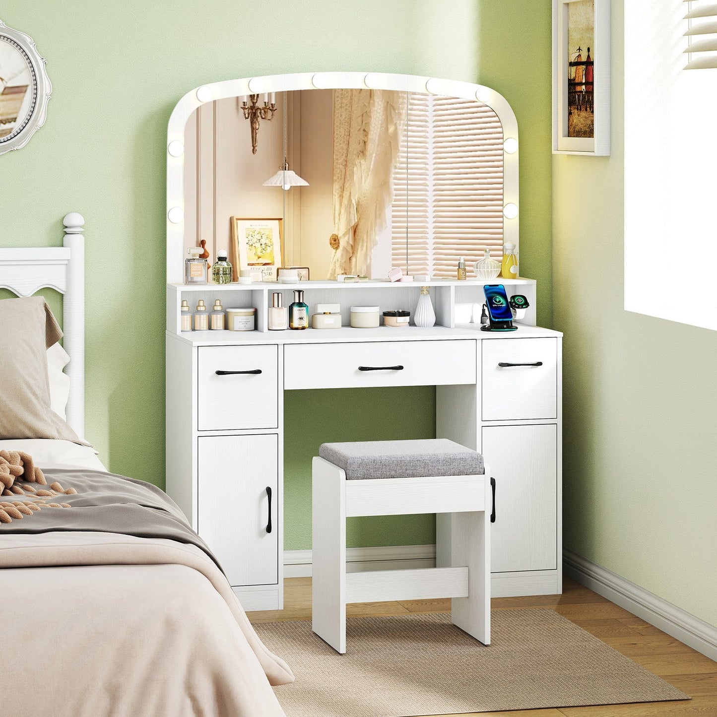 Vanity Desk Makeup Table with Stool 3-Color Lights and Charging Station