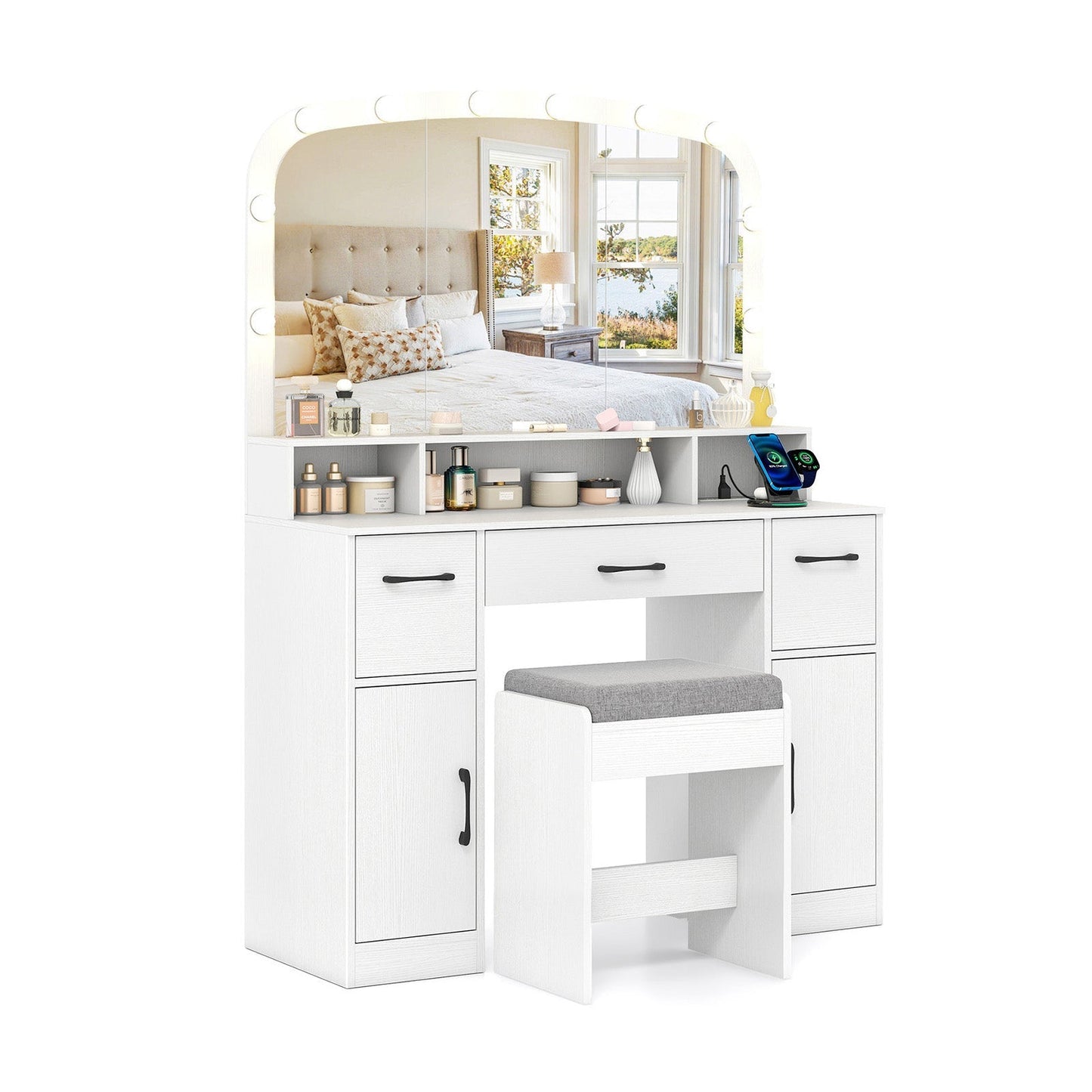 Vanity Desk Makeup Table with Stool 3-Color Lights and Charging Station