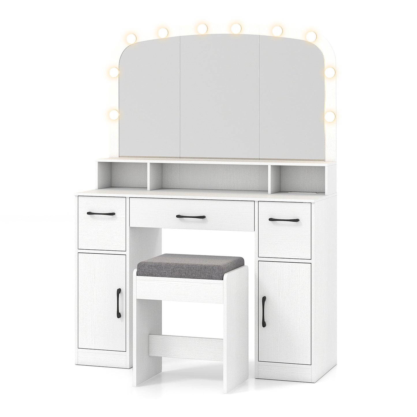 Vanity Desk Makeup Table with Stool 3-Color Lights and Charging Station