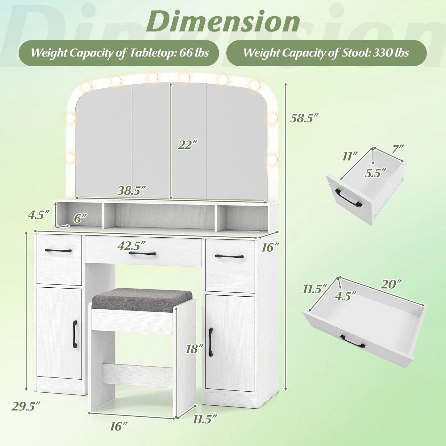 Vanity Desk Makeup Table with Stool 3-Color Lights and Charging Station