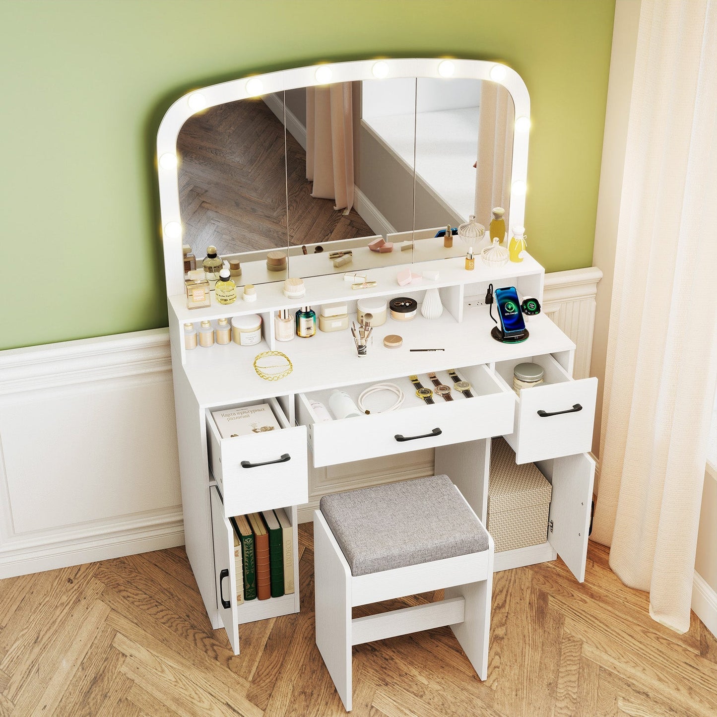 Vanity Desk Makeup Table with Stool 3-Color Lights and Charging Station