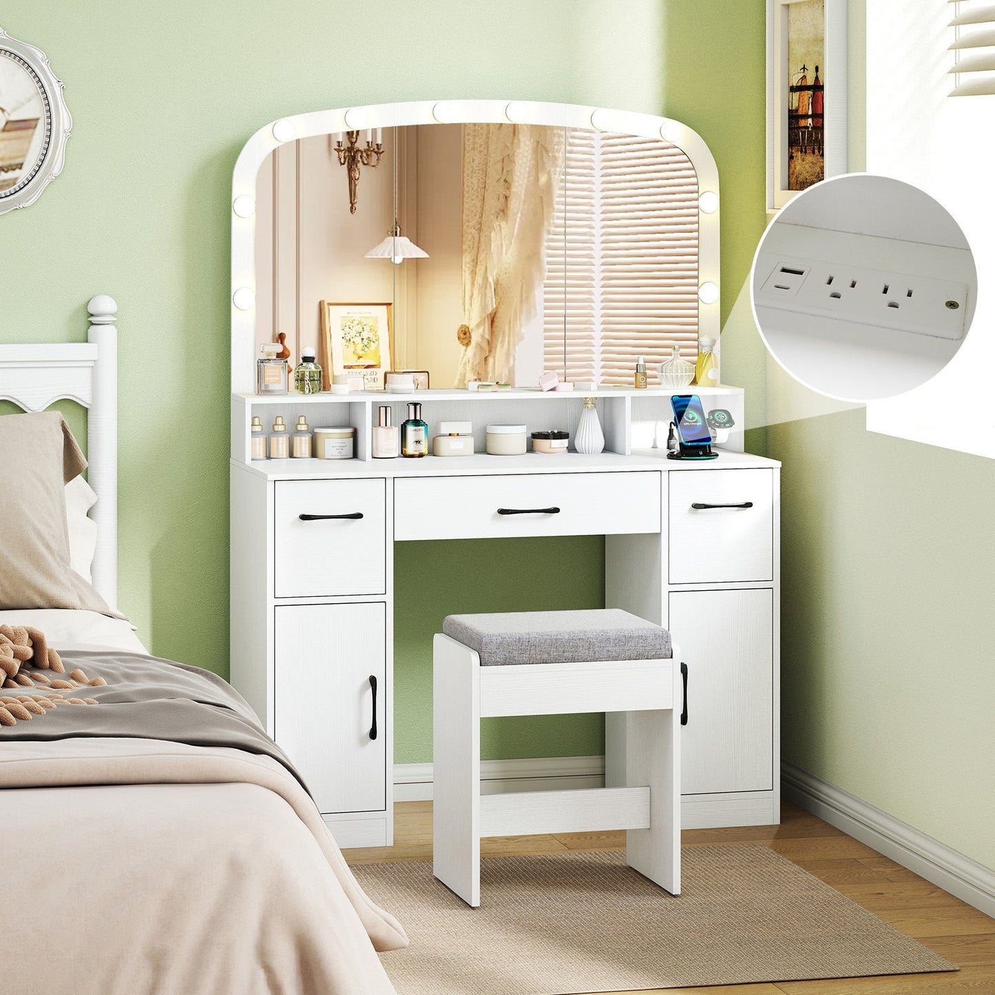 Vanity Desk Makeup Table with Stool 3-Color Lights and Charging Station