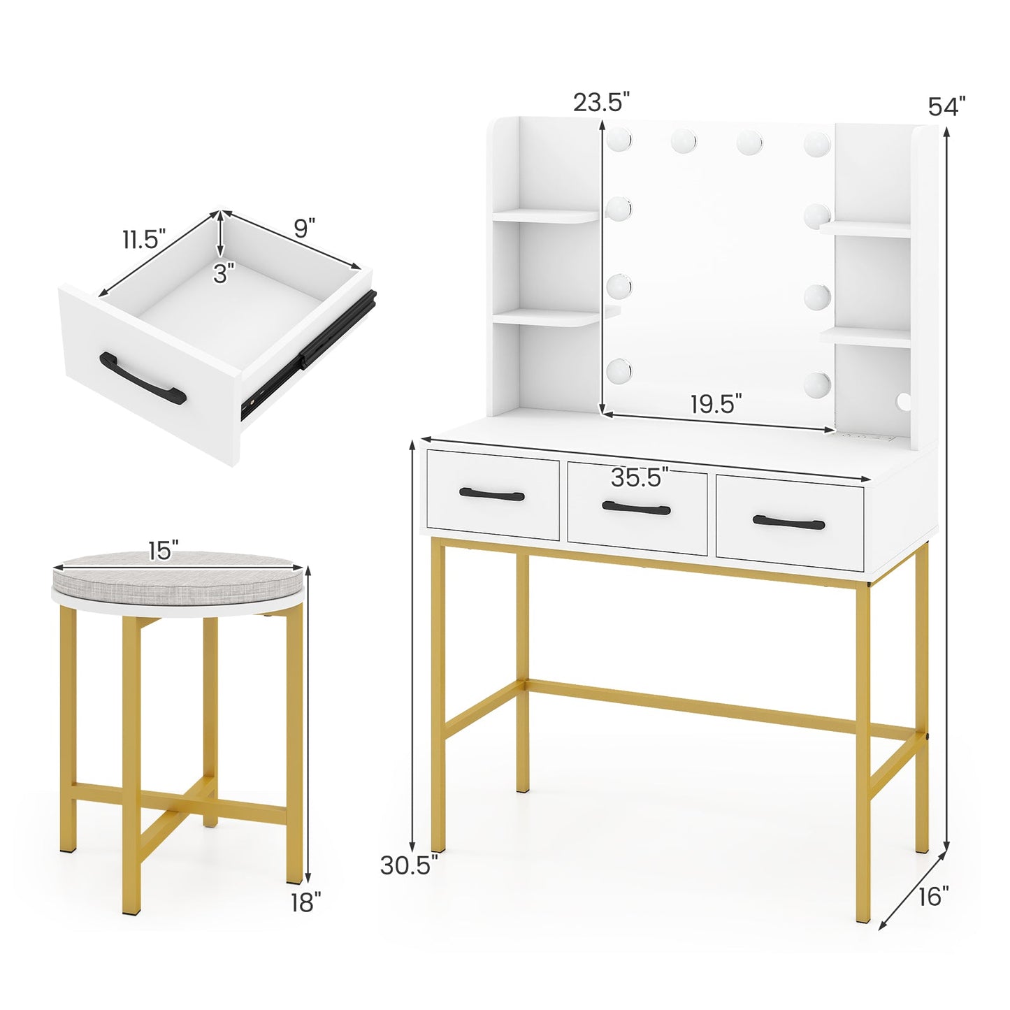 Vanity Desk with Mirror and Lights Makeup Dressing Table and Cushioned Stool Set-White