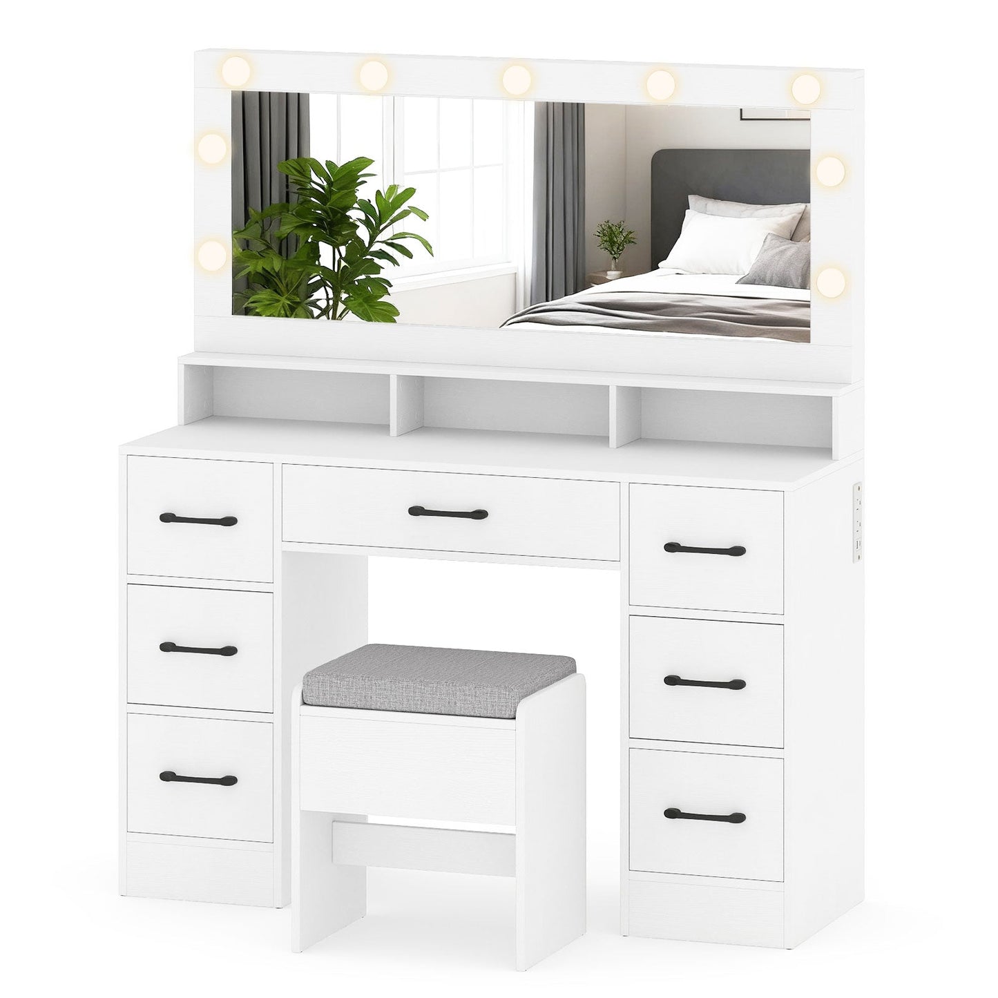 Vanity Desk with Mirror and Lights Makeup Table with Power Outlets