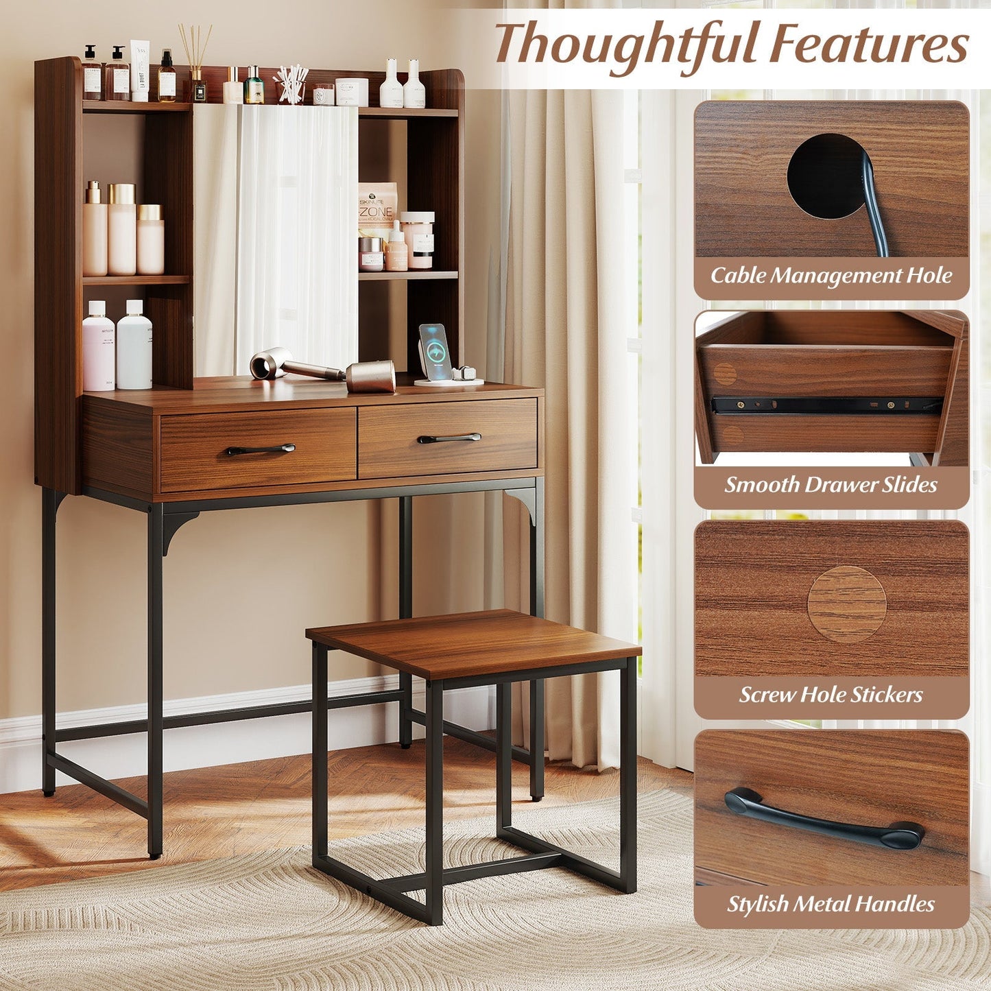 Vanity Desk with Storage Drawers and Charging Station