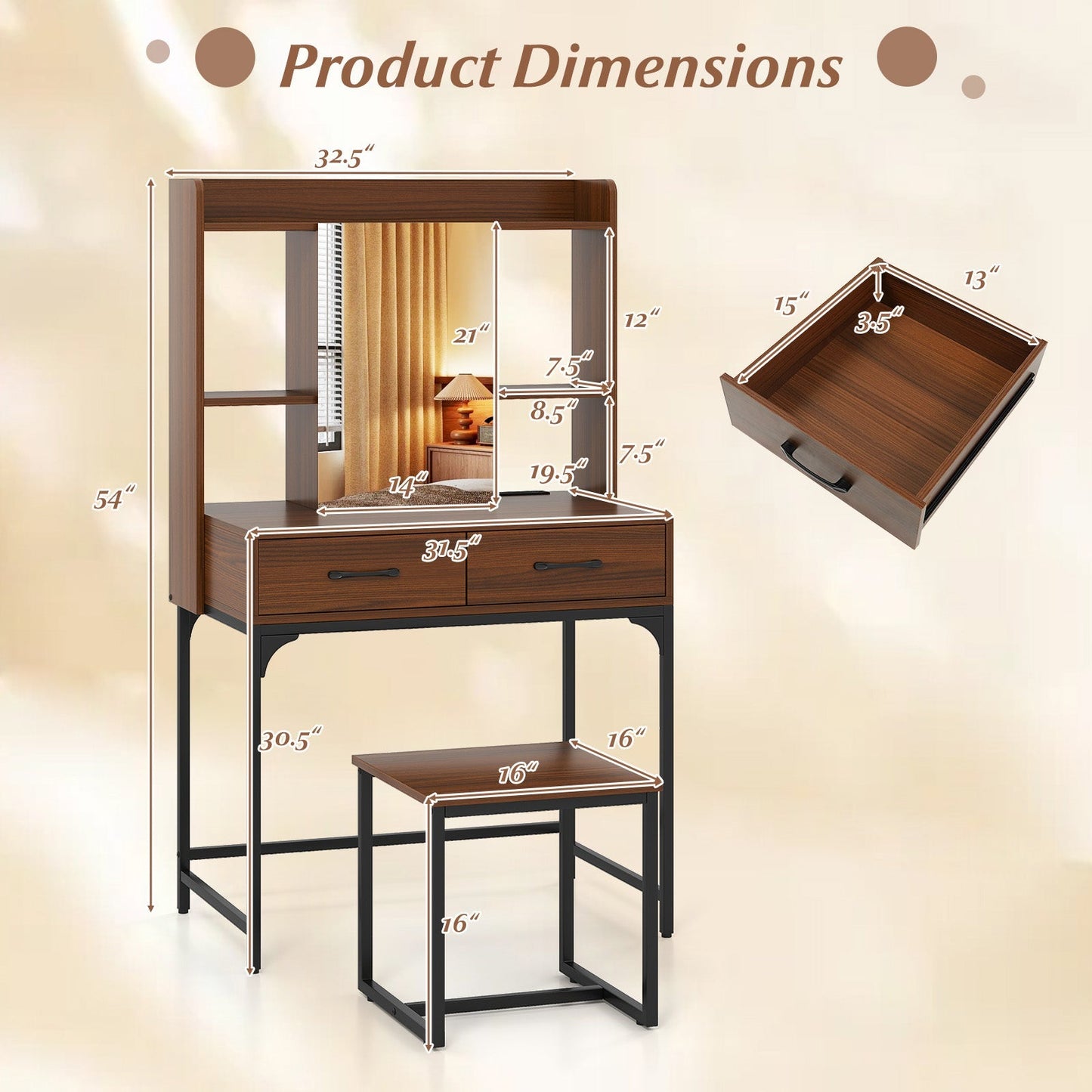 Vanity Desk with Storage Drawers and Charging Station