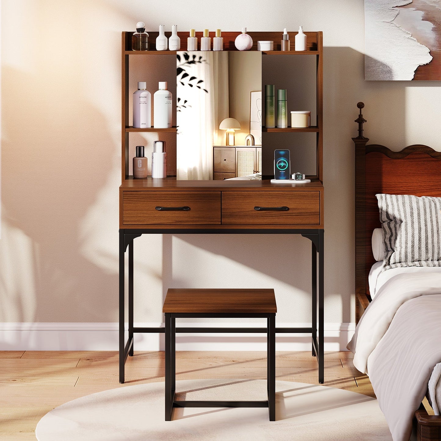 Vanity Desk with Storage Drawers and Charging Station