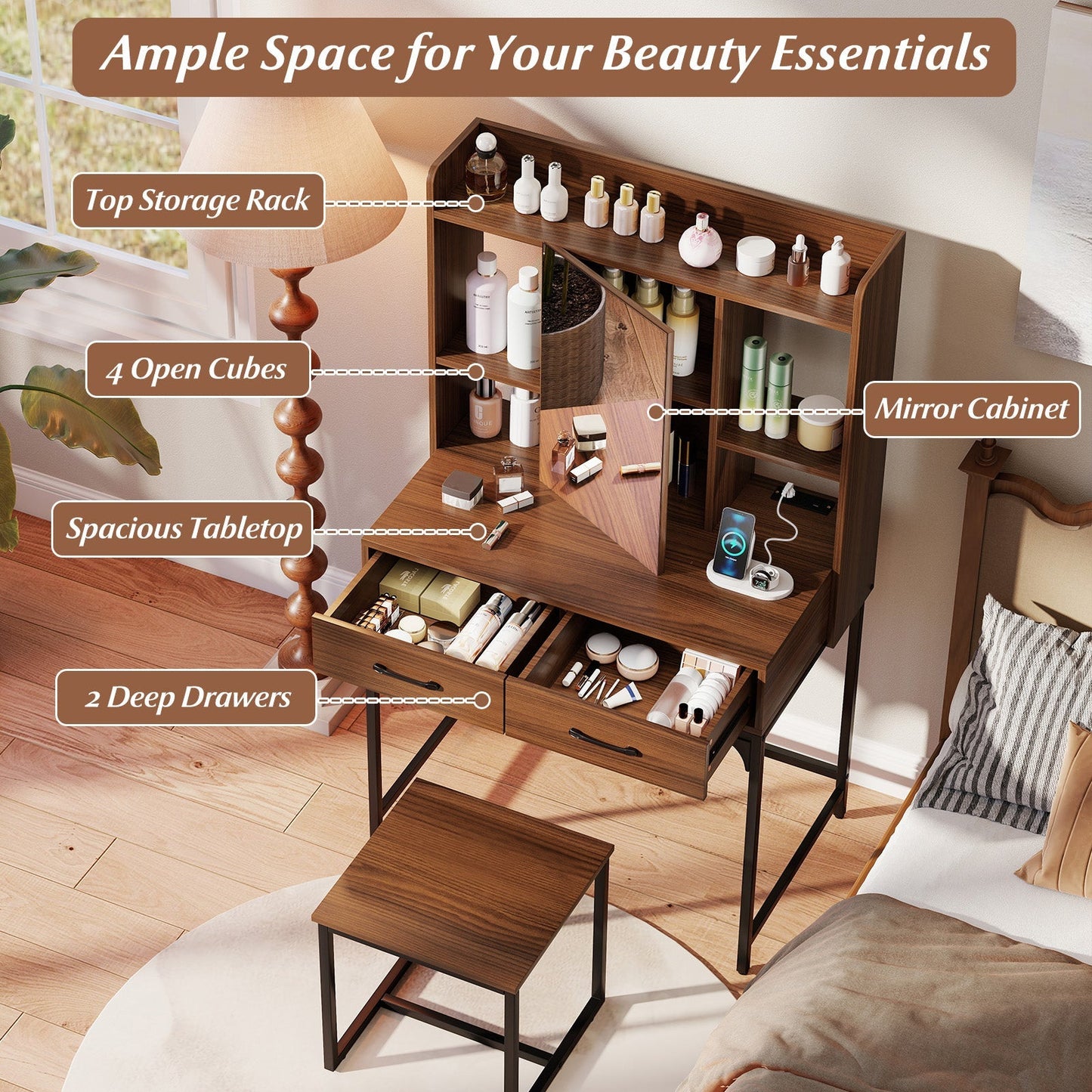 Vanity Desk with Storage Drawers and Charging Station