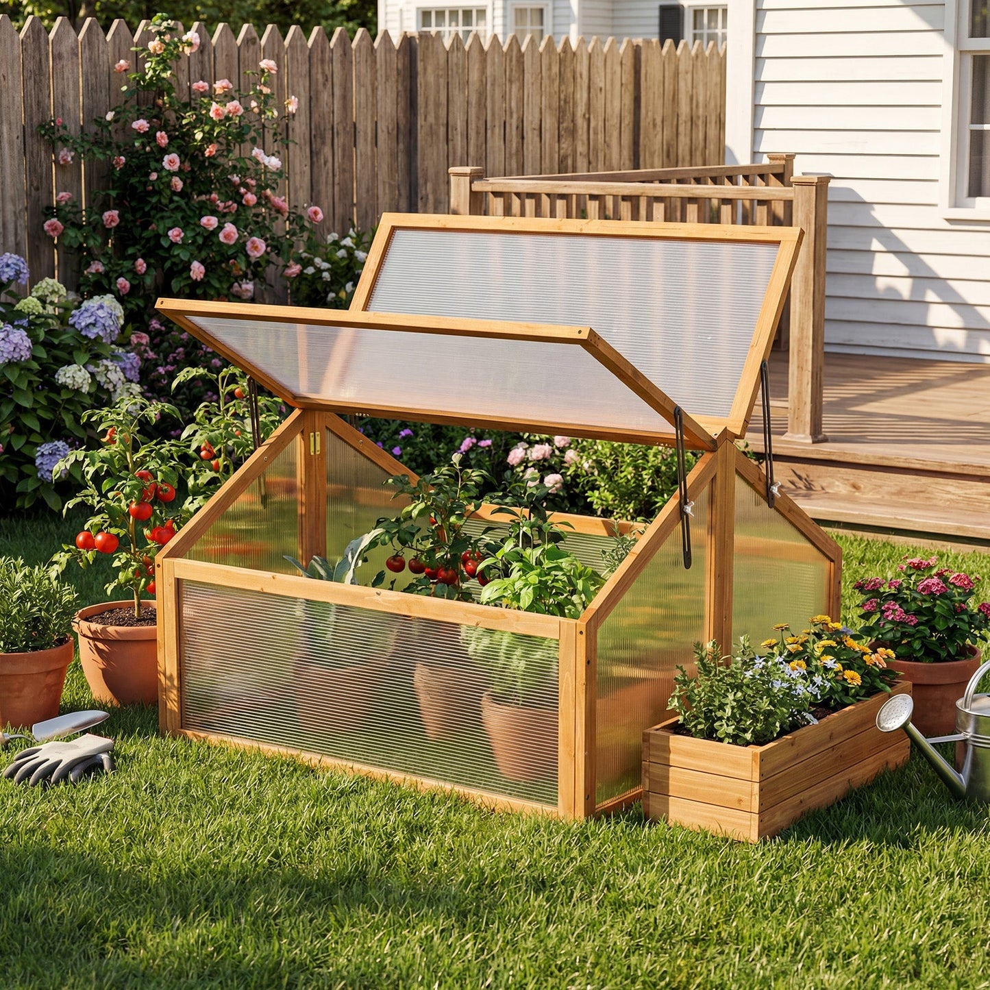 Wood Cold Frame Greenhouse Raised Flower Planter Protection with Transparent Openable Roof-Orange