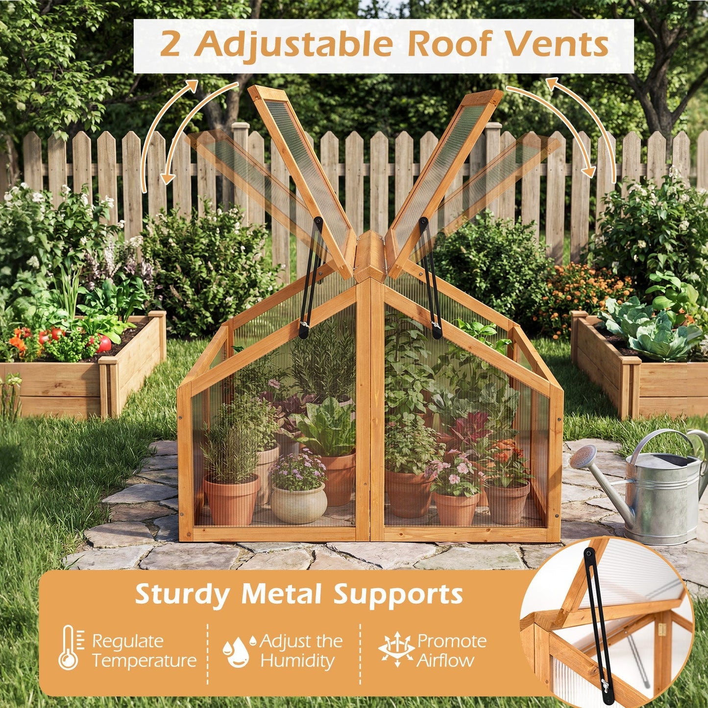 Wood Cold Frame Greenhouse Raised Flower Planter Protection with Transparent Openable Roof-Orange