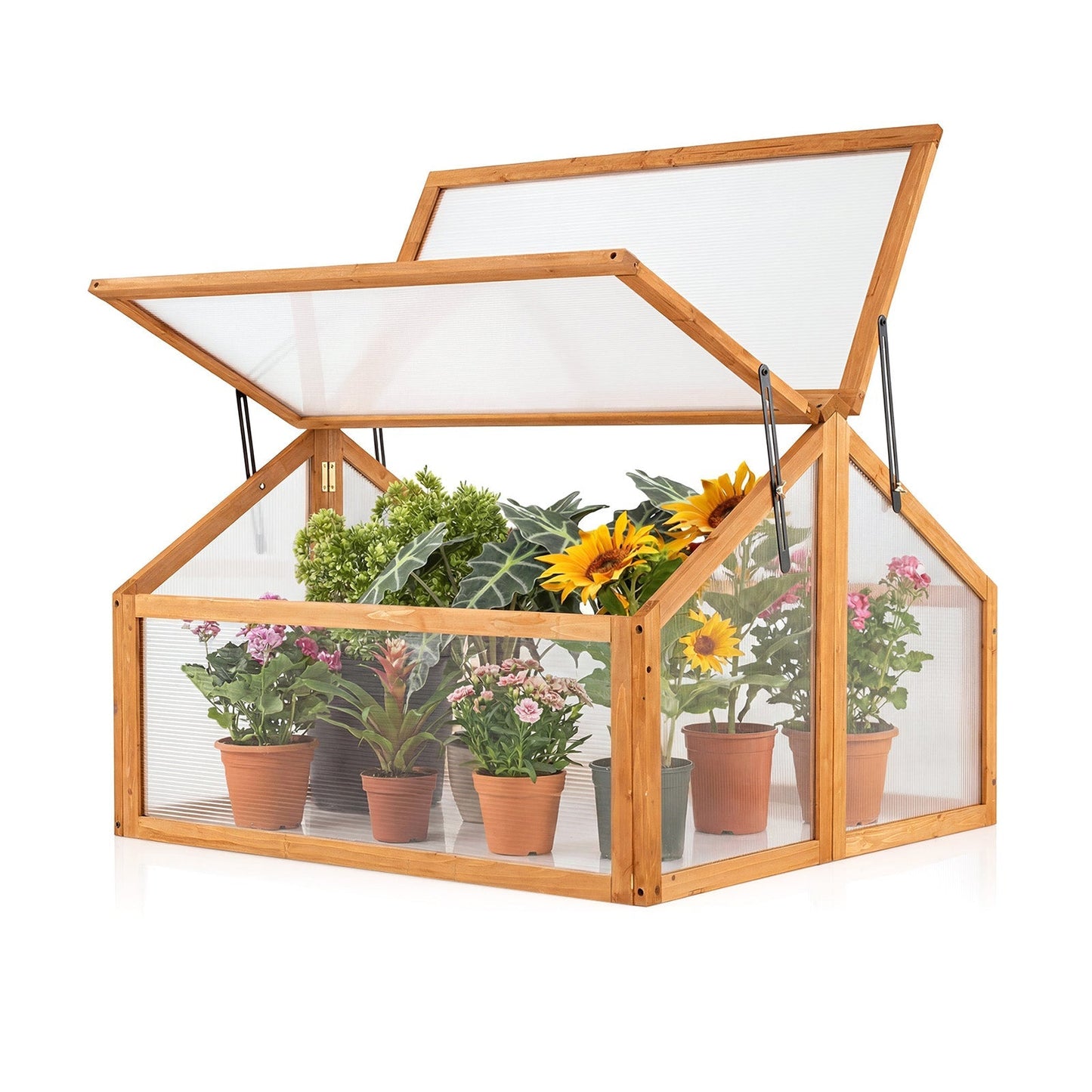 Wood Cold Frame Greenhouse Raised Flower Planter Protection with Transparent Openable Roof-Orange