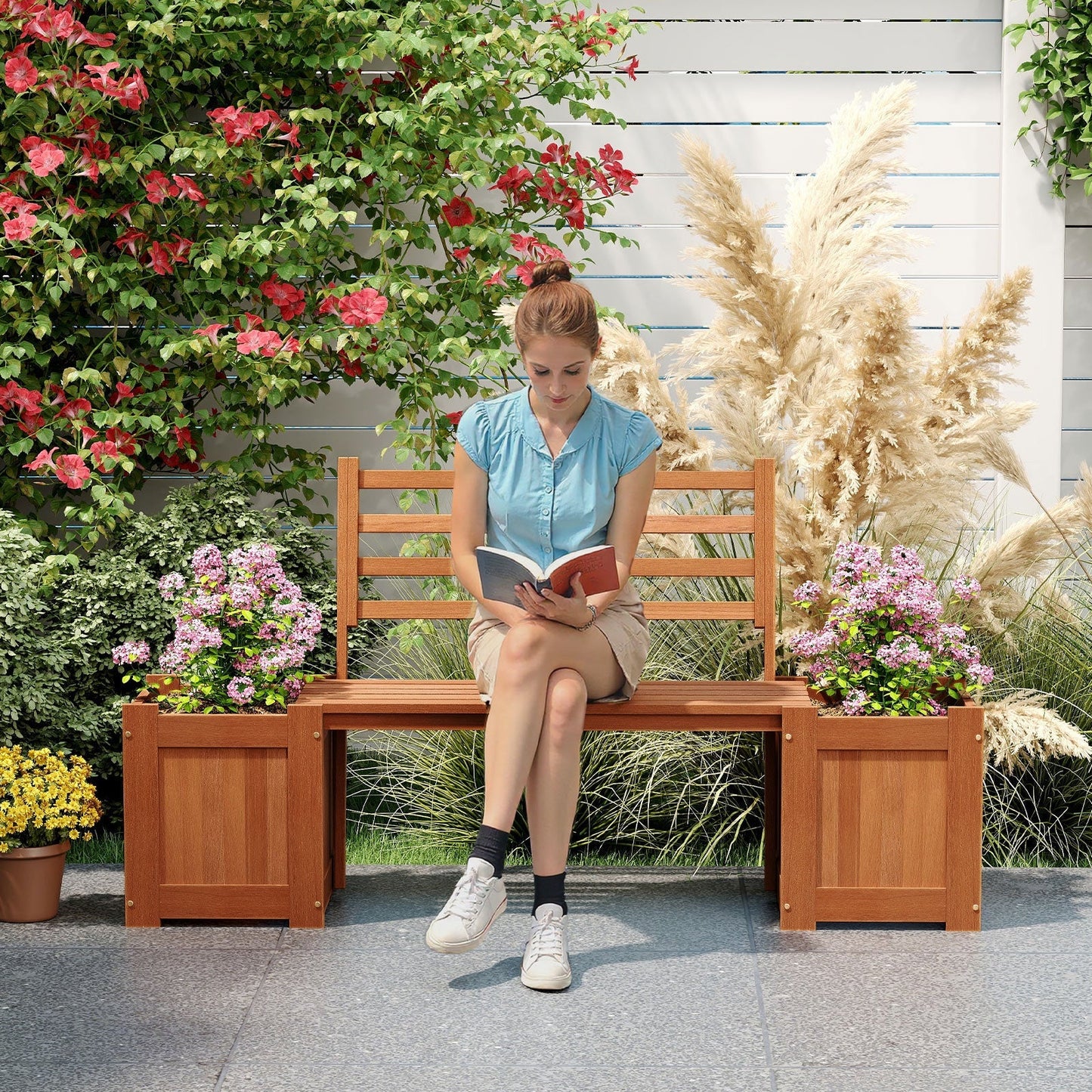 Wood Planter Box with Bench and Backrest for Garden Yard Balcony