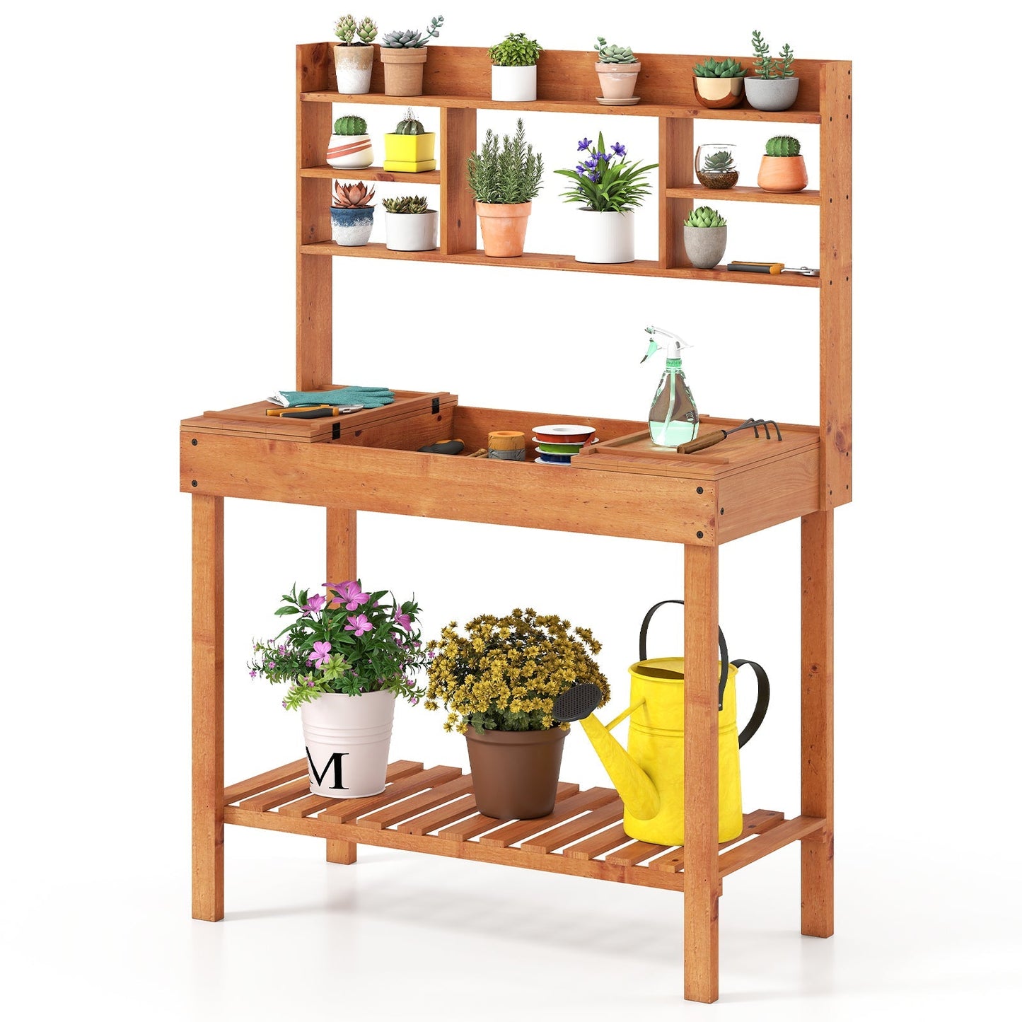 Wooden Potting Bench Table 61" Garden Planting Workstation with 3-Tier Open Shelf-Brown