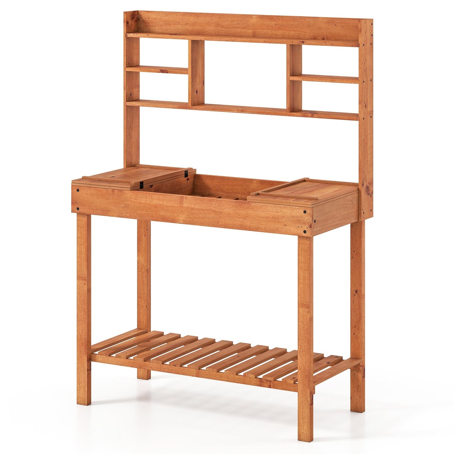 Wooden Potting Bench Table 61" Garden Planting Workstation with 3-Tier Open Shelf-Brown