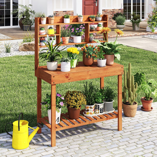 Wooden Potting Bench Table 61" Garden Planting Workstation with 3-Tier Open Shelf-Brown